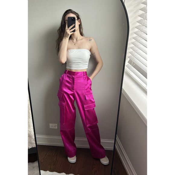 FRAME Magenta Cargo Pants Size 4 – High Rise Utility Trouser Trendy Statement Pa - Picture 12 of 13